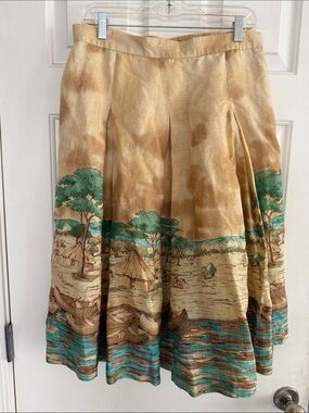 Anne Klein New York Linen Pleated Safari Africa Patterned Midi Skirt  size 12